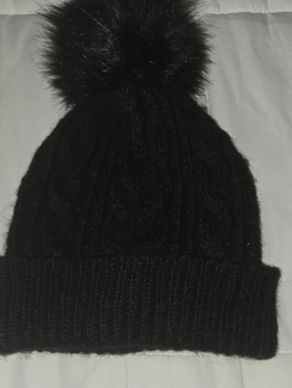 LOFT Black Cable Knit Beanie with Faux Fur Pom